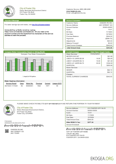Modèle de facture de services publics de la ville de Foster City, États Unis, Californie, aux formats Word et PDF